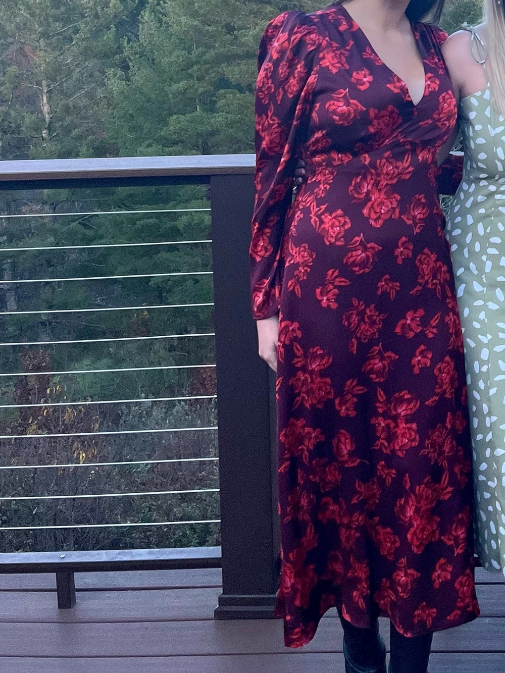 maroon and orange satin wedding guest dress
